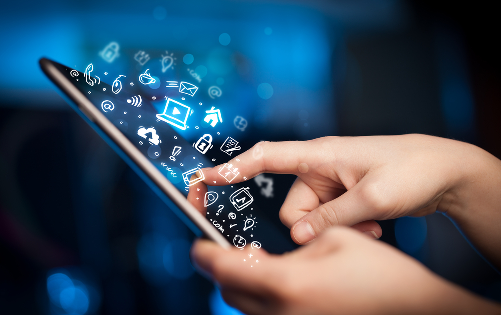 Hand touching tablet pc, social media concept-2